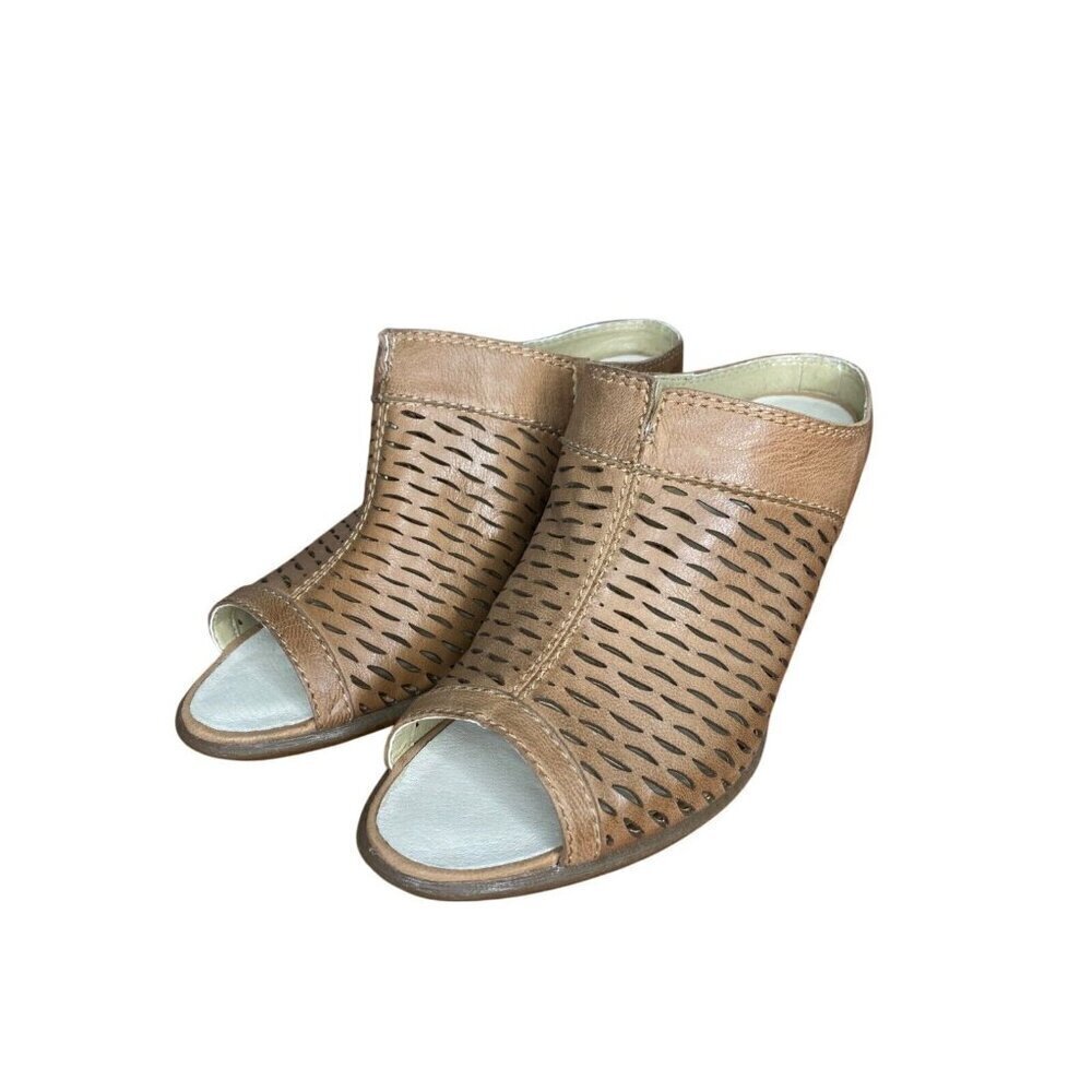 Josef Seibel Perforated Leather Open-Toe Mules Size 37/6 Tan Comfort Block Heel